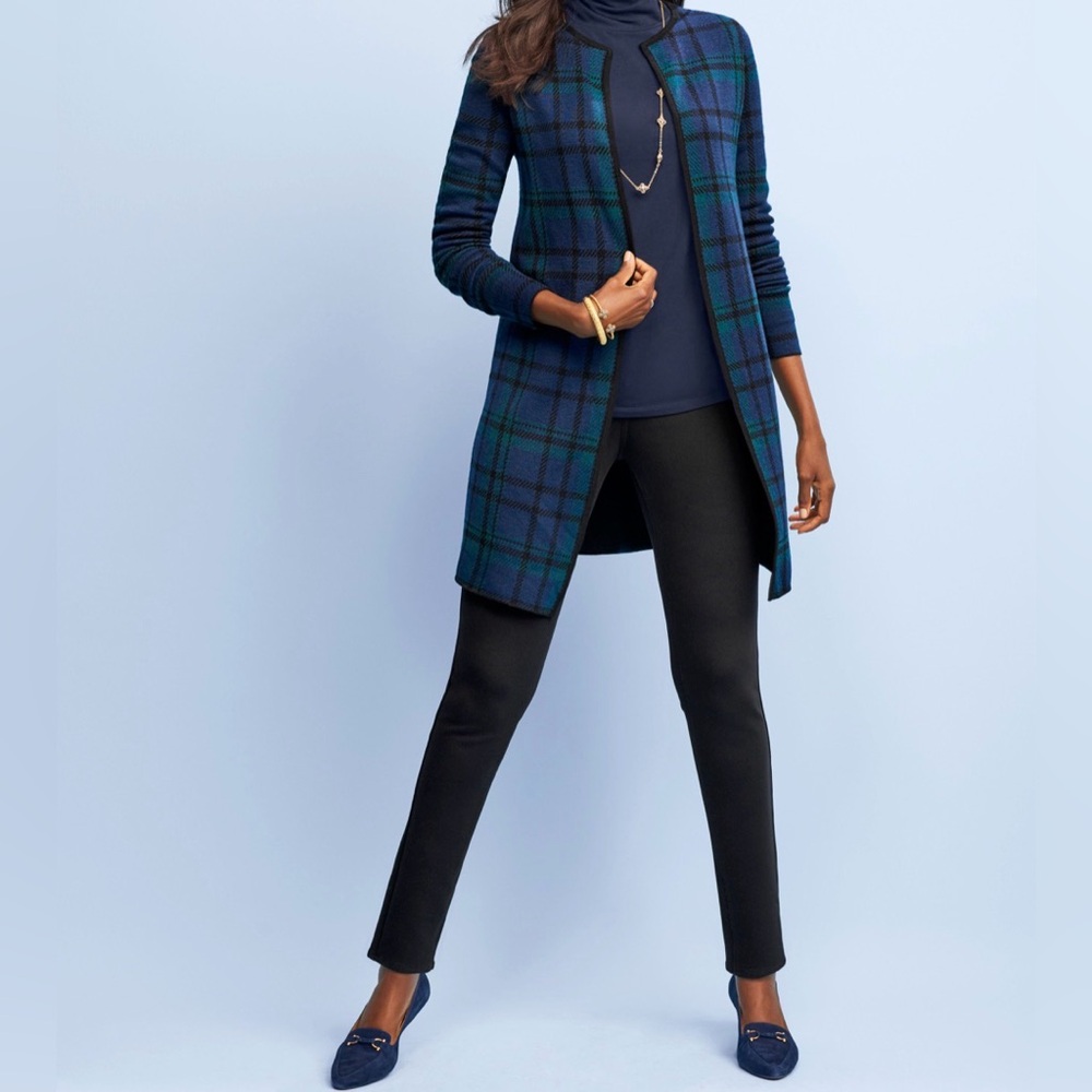 Talbots Black Watch Plaid Merino Cardigan Sweater Long Women L Blue Green Black - Picture 7 of 7